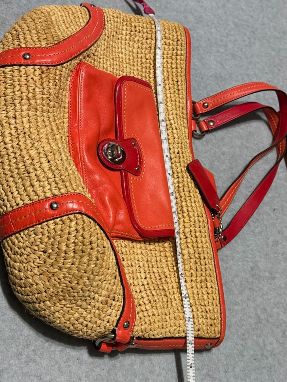 Coach Raffia Straw Tote Bag with Red & Orange Leather Trim Purse - Picture 15 of 15